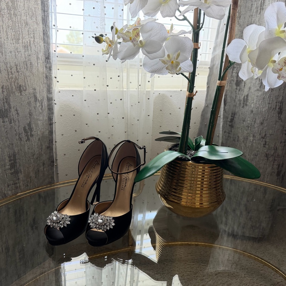 Jewel Badgley Mischka Black Satin Peep-Toe Heels with Crystal Embellishment